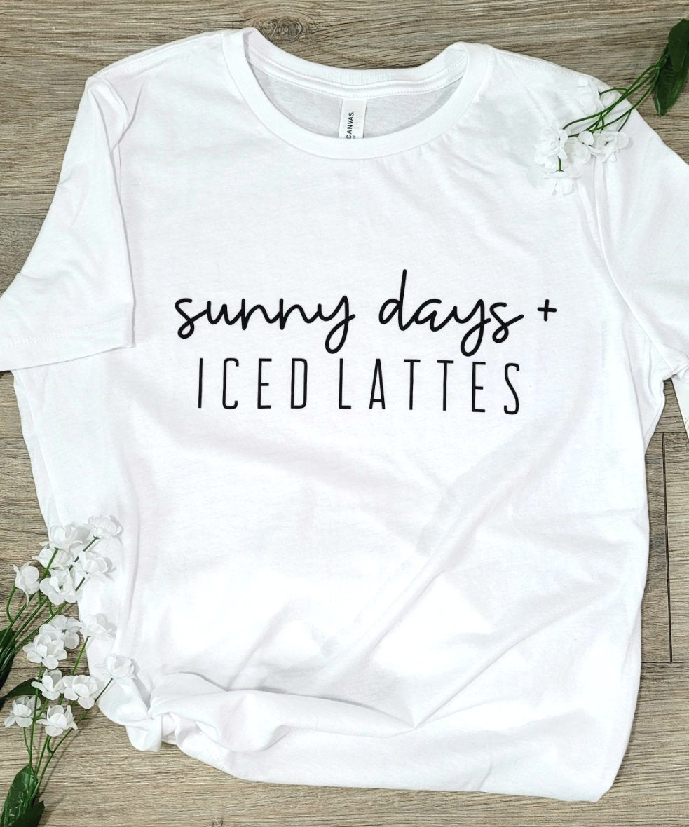 Womens "sunny days + ICED LATTES" t-shirt in the color white