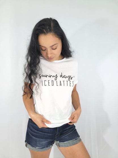 Womens "sunny days + ICED LATTES" t-shirt in the color white