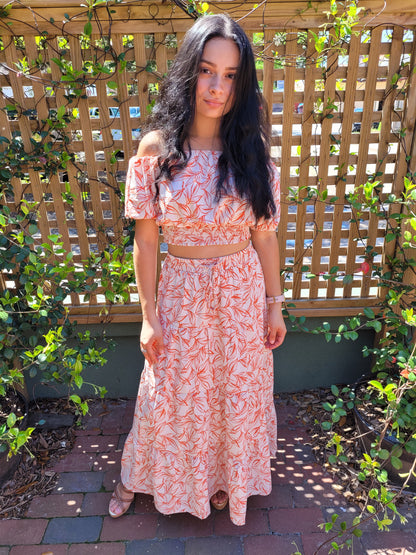 Orange and cream leaf print skirt and top set