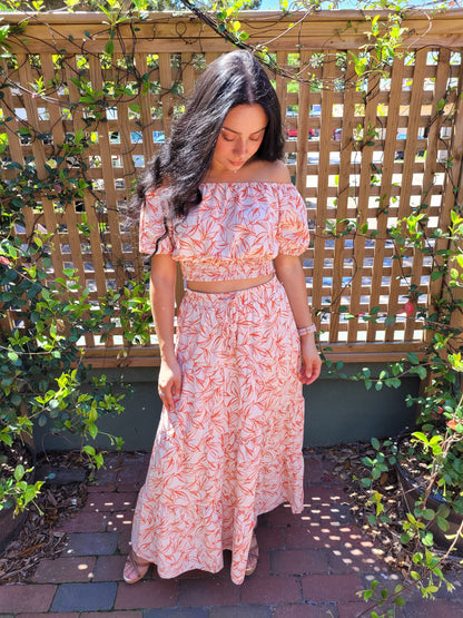 Orange and cream leaf print skirt and top set