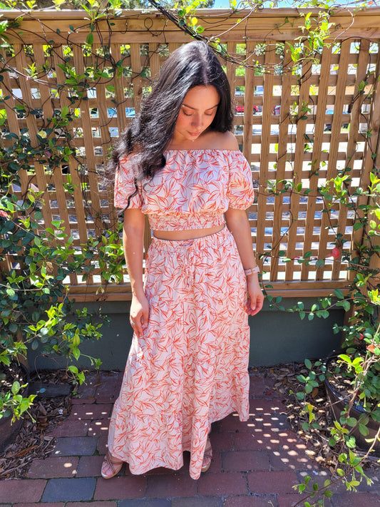 Orange and cream leaf print skirt and top set