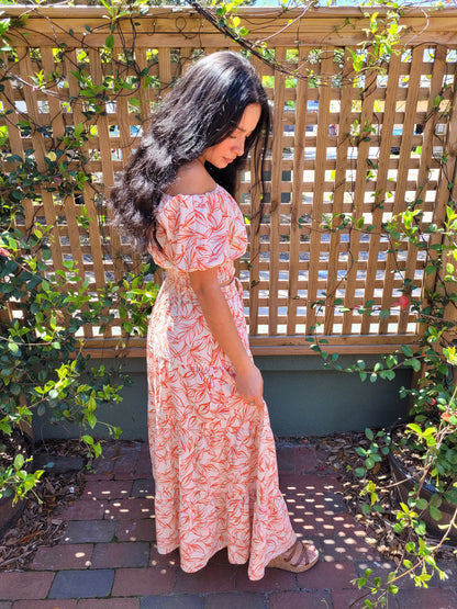 Orange and cream leaf print skirt and top set