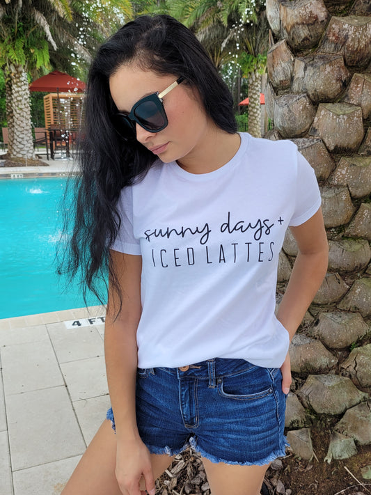 Womens "sunny days + ICED LATTES" t-shirt in the color white