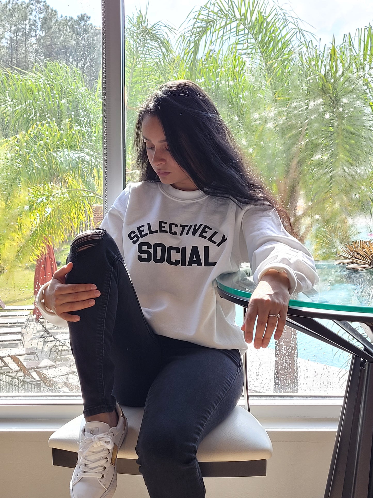 "Selectively Social" sweatshirt in the color white